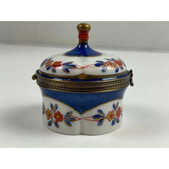 Charmat Limoges France Hand Painted Porcelain Trinket Box Floral Blue Gold - Picture 5 of 10